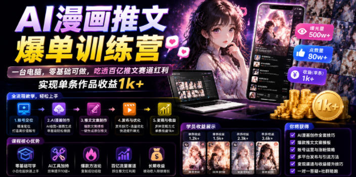 AI漫画推文爆单训练营，一台电脑，零基础可做，吃透百亿推文赛道红利，实现单条作品收益1k+-钱途社