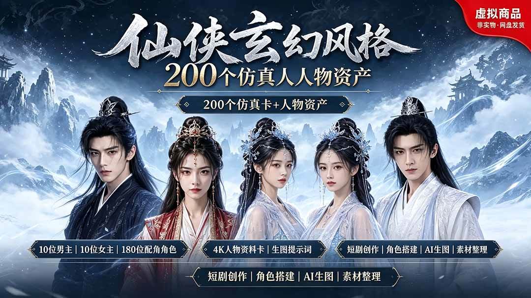 （19301期）200个仙侠玄幻仿真人素材◆10男主×10女主×180配角，4K资料卡+AI生图提示词，漫剧必备-钱途社