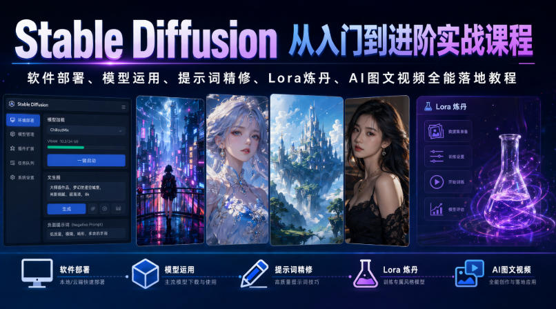 Stable Diffusion从入门到进阶实战课程｜软件部署、模型运用、提示词精修、Lora炼丹、AI图文视频全能落地教程-钱途社