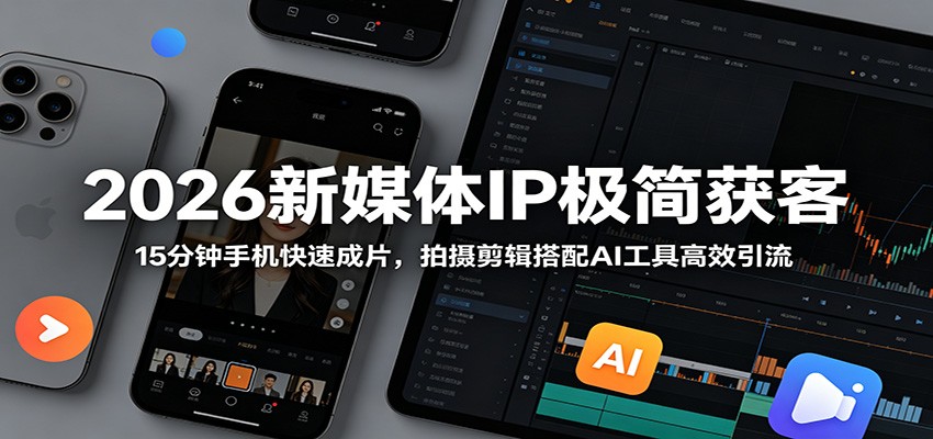 2026新媒体IP极简获客：15分钟手机快速成片，拍摄剪辑搭配AI工具高效引流-钱途社