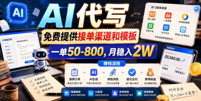 AI代写，免费提供接单渠道和模板，一单50-800，月稳入2W【揭秘】-钱途社