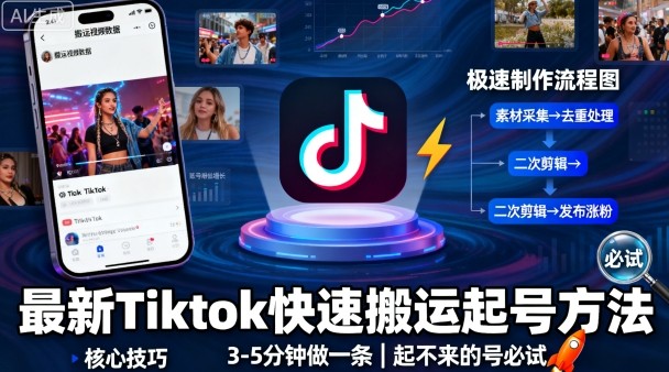 最新Tiktok快速搬运快速起号方法，3-5分钟做一条，起不来的号可以试试-钱途社
