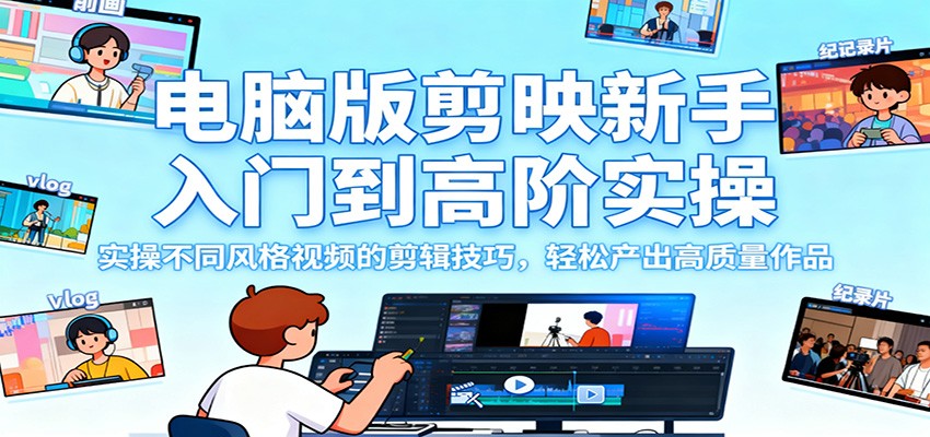 电脑版剪映新手入门到高阶实操，实操不同风格视频的剪辑技巧，轻松产出高质量作品-钱途社