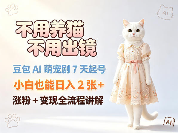 不用养猫不用出镜，豆包AI萌宠剧7天起号，小白也能日入2张+，涨粉+变现全流程讲解-钱途社