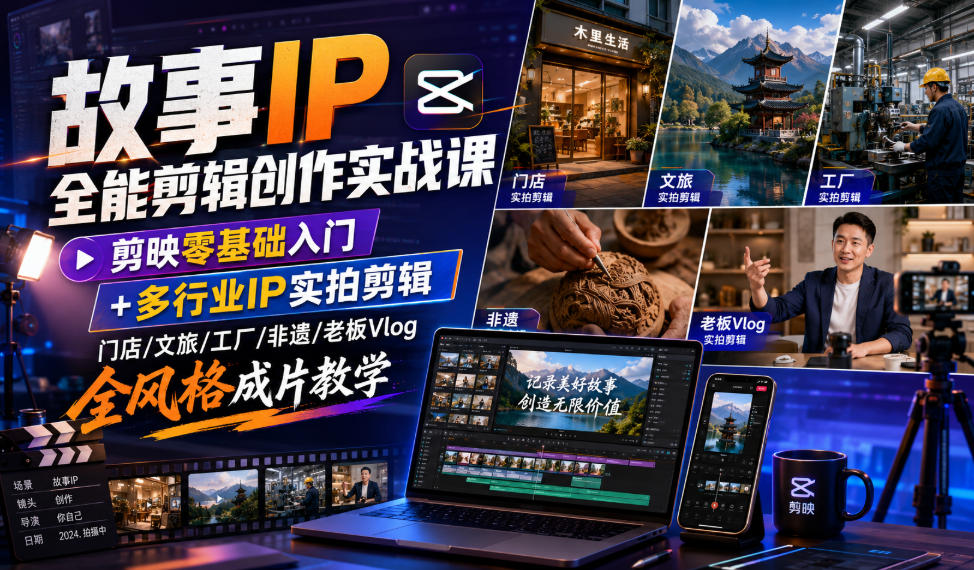 故事IP全能剪辑创作实战课｜剪映零基础入门+多行业IP实拍剪辑，门店/文旅/工厂/非遗/老板Vlog全风格成片教学-钱途社