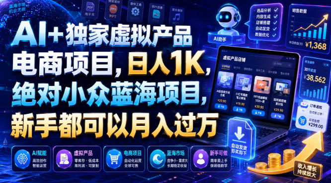 AI+独家虚拟产品电商项目，日人1K，绝对小众蓝海项目，新手都可以月入过万【揭秘】-钱途社