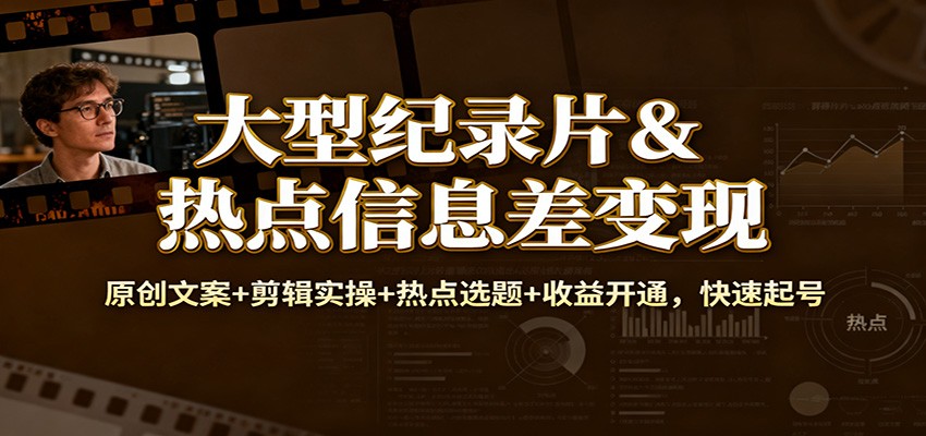 大型纪录片&热点信息差变现：原创文案+剪辑实操+热点选题+收益开通，快速起号-钱途社