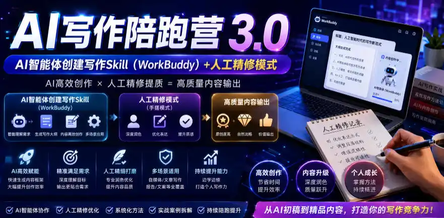 AI写作陪跑营3.0，Ai智能体创建写作skill(workbuddy)+人工手写模式(手搓模式)，去除AI痕迹(头条号、公众号、百家号)(更新0814)-钱途社