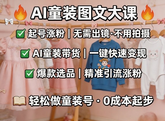 AI童装图文剪辑，某社群童装图文大课，起号涨粉、AI童装带货、爆款选品，无需出镜和拍摄-钱途社