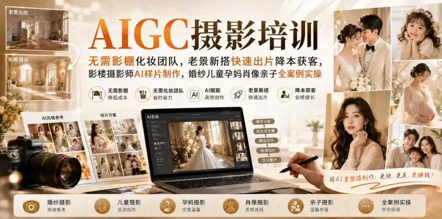 AIGC摄影培训｜无需影棚化妆团队，老景新搭快速出片降本获客，影楼摄影师AI样片制作，婚纱儿童孕妈肖像亲子全案例实操-钱途社