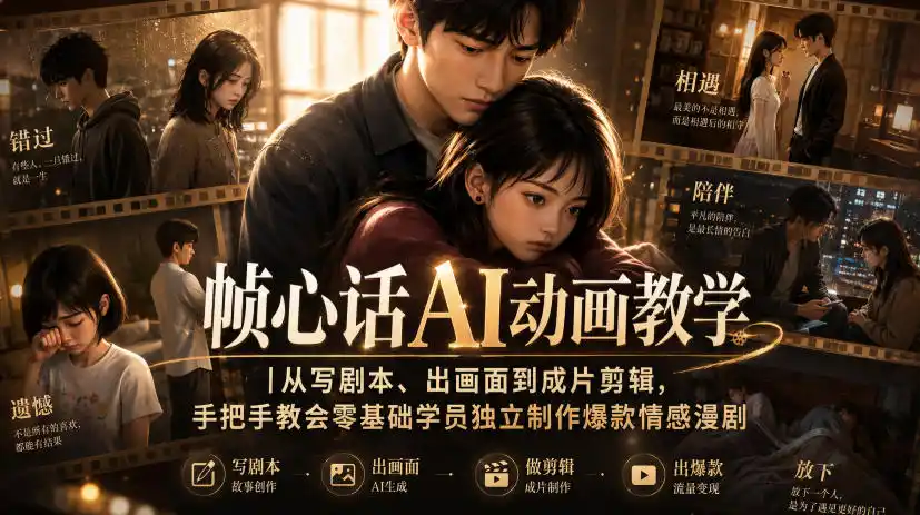 帧心话AI动画教学｜从写剧本、出画面到成片剪辑，手把手教会零基础学员独立制作爆款情感漫剧-钱途社