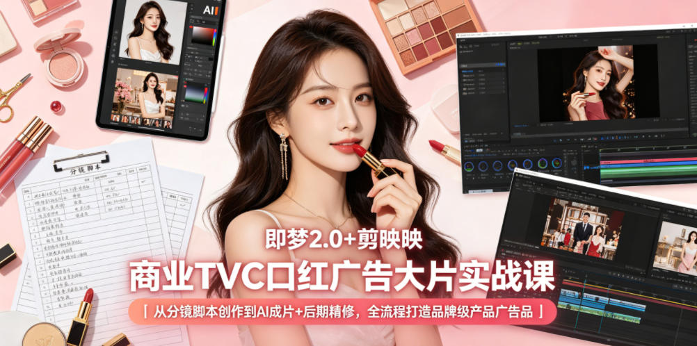即梦2.0+剪映商业TVC口红广告大片实战课｜从分镜脚本创作到AI成片+后期精修，全流程打造品牌级产品广告-钱途社