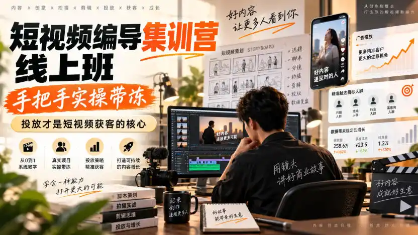 短视频编导集训营线上班，手把手实操带冻，投放才是短视频获客的核心-钱途社