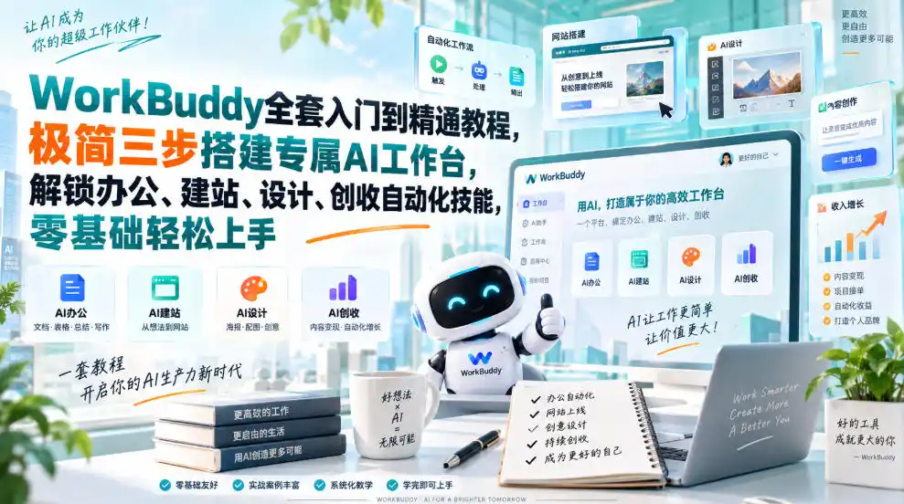WorkBuddy全套入门到精通教程，极简三步搭建专属AI工作台，解锁办公、建站、设计、创收自动化技能，零基础轻松上手-钱途社