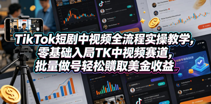 TikTok短剧中视频全流程实操教学，零基础入局TK中视频赛道，批量做号轻松賺取美金收益-钱途社