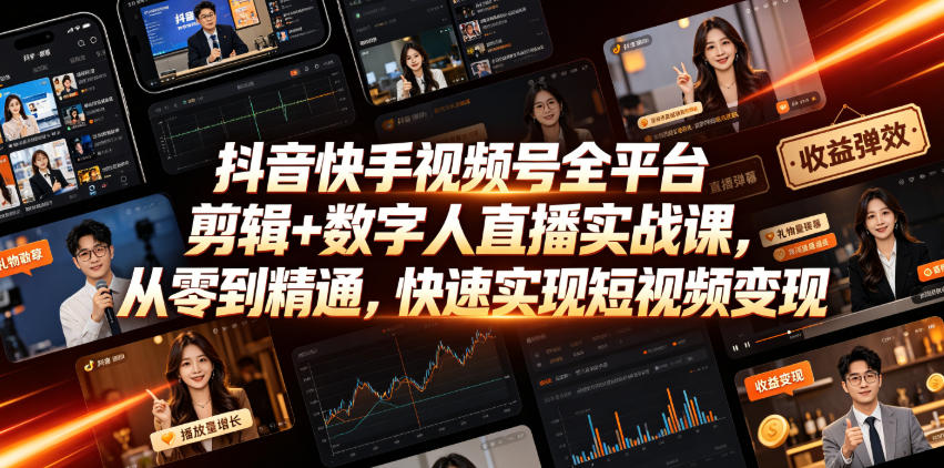 抖音快手视频号全平台剪辑+数字人直播实战课，从零到精通，快速实现短视频变现(更新2026年6月)-钱途社