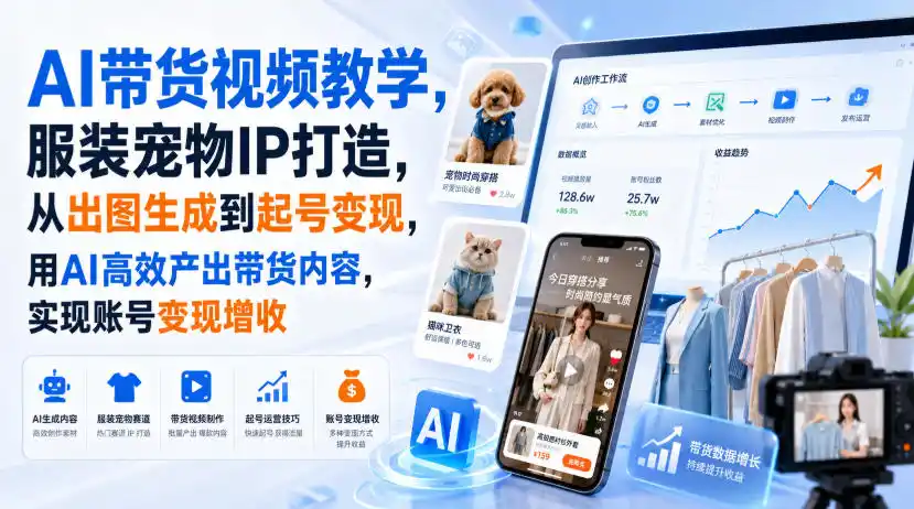AI带货视频教学，服装宠物IP打造，从出图生成到起号变现，用AI高效产出带货内容，实现账号变现增收-钱途社