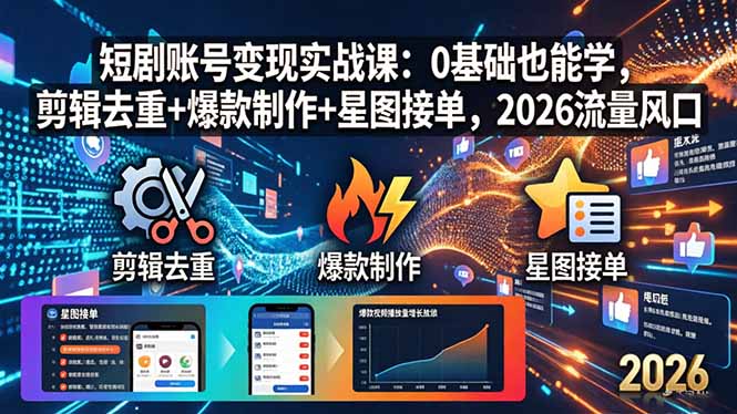 短剧账号变现实战课：0基础也能学，剪辑去重+爆款制作+星图接单，2026流量风口-钱途社