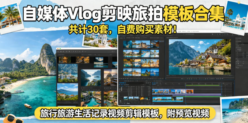 自媒体Vlog剪映旅拍模板合集,共计30套,自费购买素材!旅行旅游生活记录视频剪辑模板,附预览视频-钱途社
