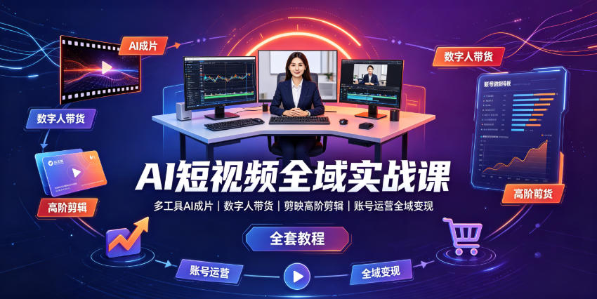 AI短视频全域实战课｜多工具AI成片、数字人带货、剪映高阶剪辑、账号运营全域变现全套教程-钱途社