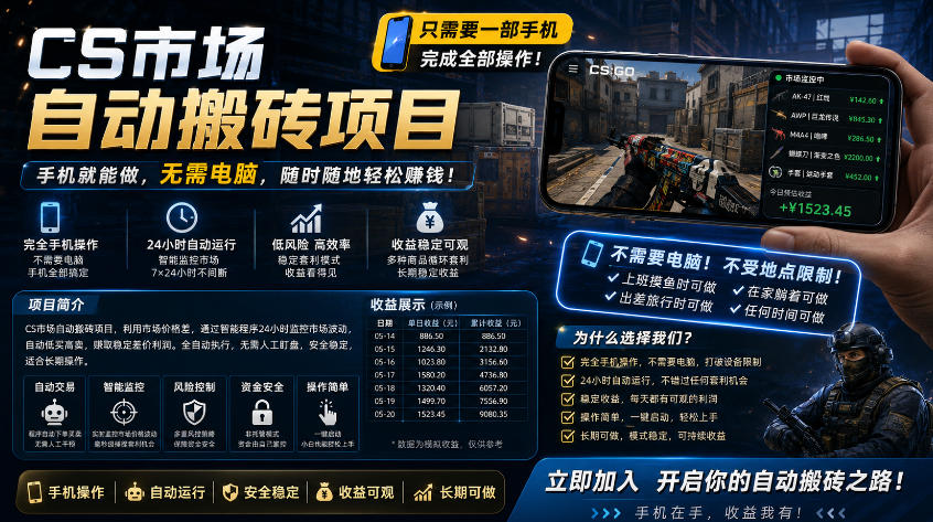 手机即可操作的CS市场自动搬砖系统｜自动监控｜自动下单|日入300+【揭秘】-钱途社