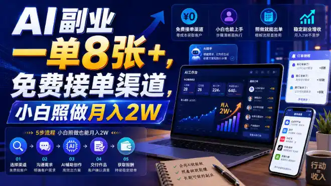 AI副业一单8张+，免费接单渠道，小白照做月入2W【揭秘】-钱途社