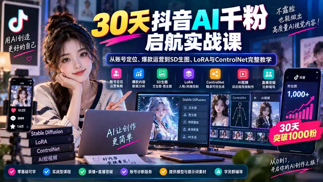 30天抖音AI千粉启航实战课：从账号定位、爆款运营到SD生图、LoRA与ControlNet完整教学-钱途社