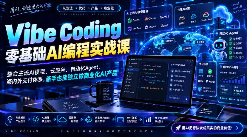 Vibe Coding零基础AI编程实战课-无水印，整合主流AI模型、云服务、自动化Agent、海内外支付体系，新手也能独立做商业化AI产品-钱途社