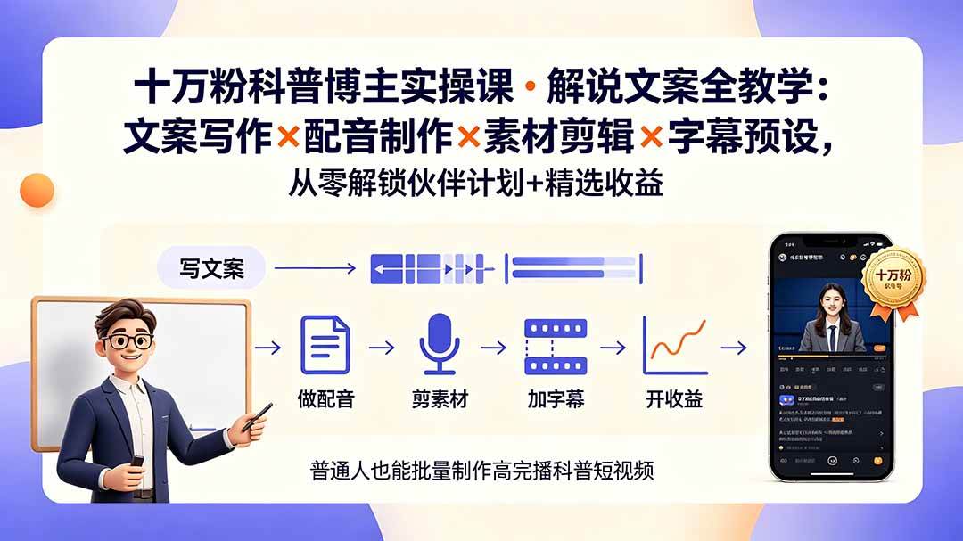 （19275期）10万粉科普博主实操课-解说文案全教学：文案写作×配音制作×素材剪辑×字幕预设，从零解锁伙伴计划+精选收益-钱途社