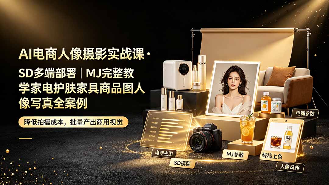AI电商人像摄影实战课·SD多端部署｜MJ完整教学｜家电护肤家具商品图人像写真全案例-钱途社