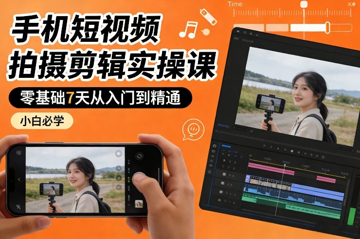 手机短视频拍摄剪辑实操课，零基础7天从入门到精通，小白必学-钱途社