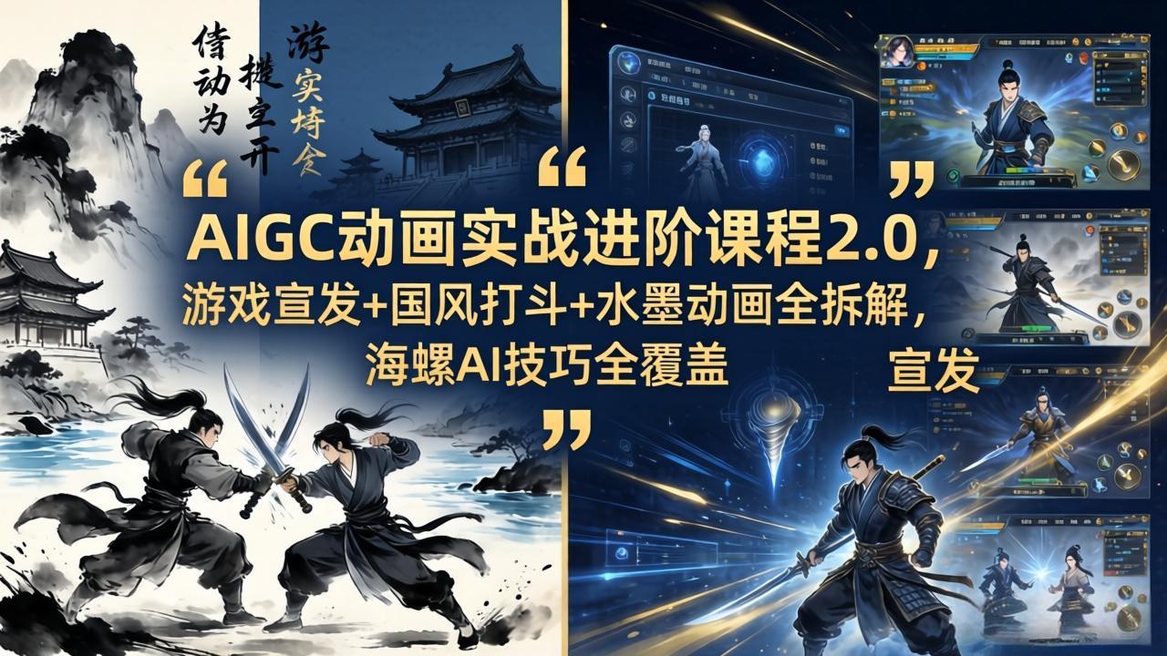 AIGC动画实战进阶课程2.0，游戏宣发+国风打斗+水墨动画全拆解，海螺AI技巧全覆盖-钱途社