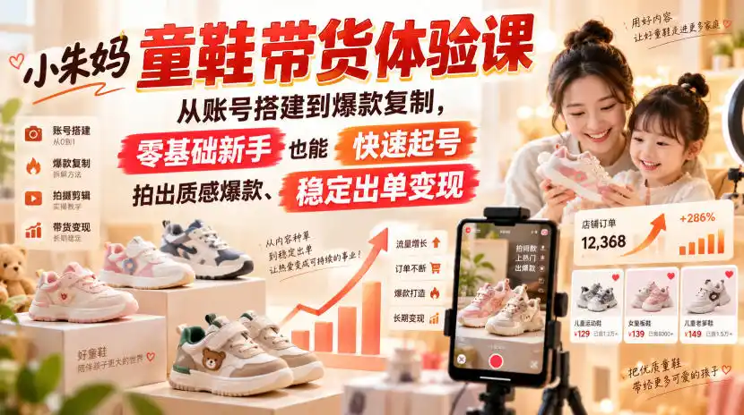 小朱妈童鞋带货体验课，从账号搭建到爆款复制，零基础新手也能快速起号、拍出质感爆款、稳定出单变现-钱途社