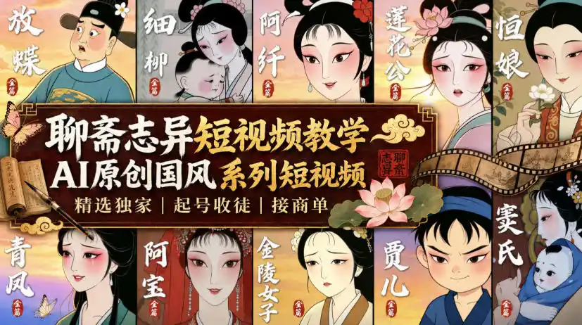 聊斋志异短视频教学，AI原创国风系列短视频，精选独家丨起号收徒丨接商单-钱途社