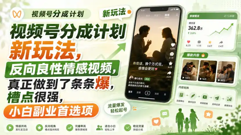 视频号分成计划新玩法，反向良性情感视频，真正做到了条条爆，槽点很强，小白副业首选项-钱途社