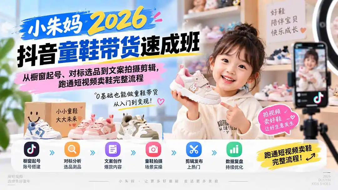 小朱妈2026抖音童鞋带货速成班：从橱窗起号、对标选品到文案拍摄剪辑，跑通短视频卖鞋完整流程-钱途社
