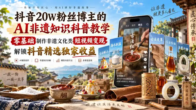 抖音20W粉丝博主的AI非遗知识科普教学，零基础制作非遗文化类短视频变现，解锁抖音精选独家收益-钱途社