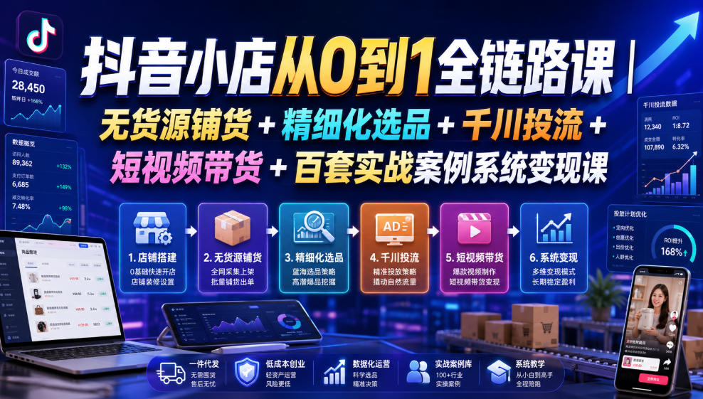 抖音小店从0到1全链路课｜无货源铺货+精细化选品+千川投流+短视频带货+百套实战案例系统变现课(2026年7月更新)-钱途社