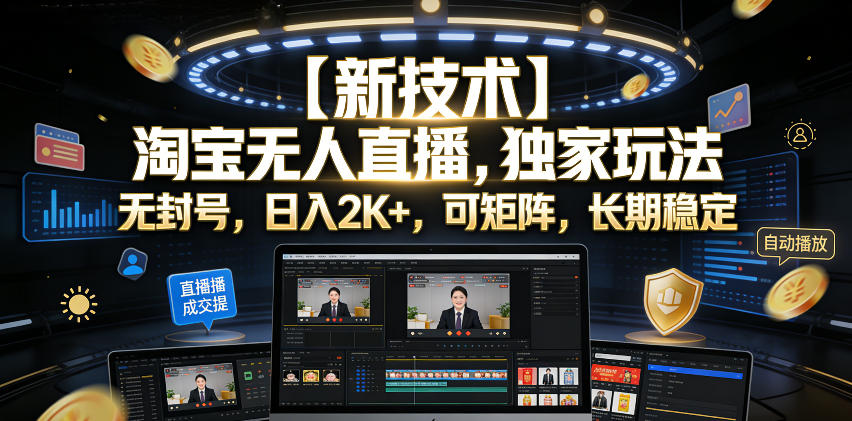 【新技术】淘宝无人直播，独家玩法，无封号，日入2K+，可矩阵，长期稳定【揭秘】-钱途社