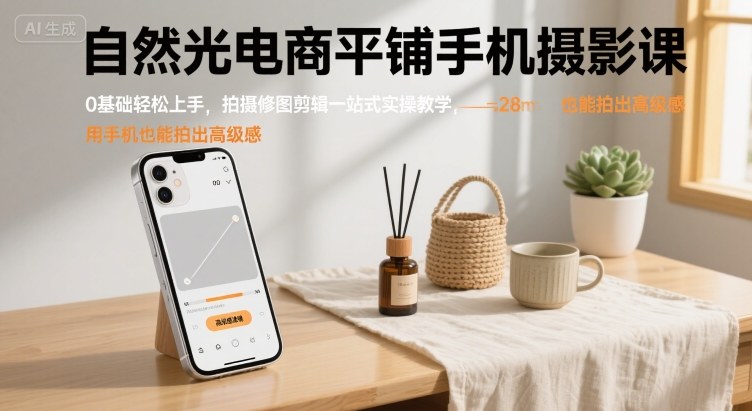 自然光电商平铺手机摄影课，0基础轻松上手，拍摄修图剪辑一站式实操教学，用手机也能拍出高级感-钱途社