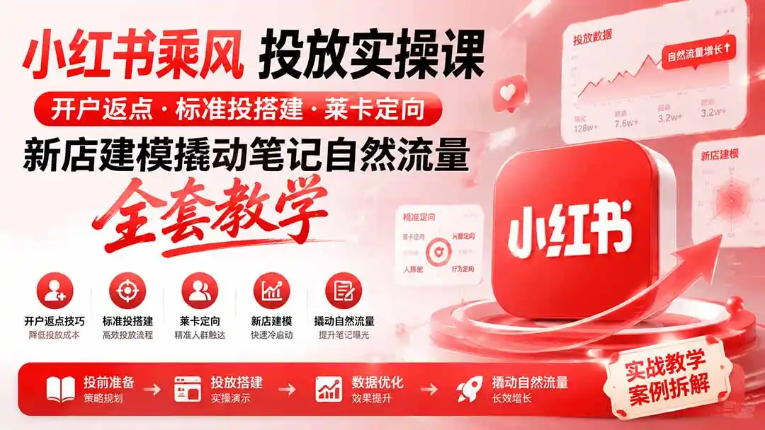 小红书乘风投放-100分钟实操课｜开户返点·标准投搭建·莱卡定向，新店建模撬动笔记自然流量全套教学-钱途社