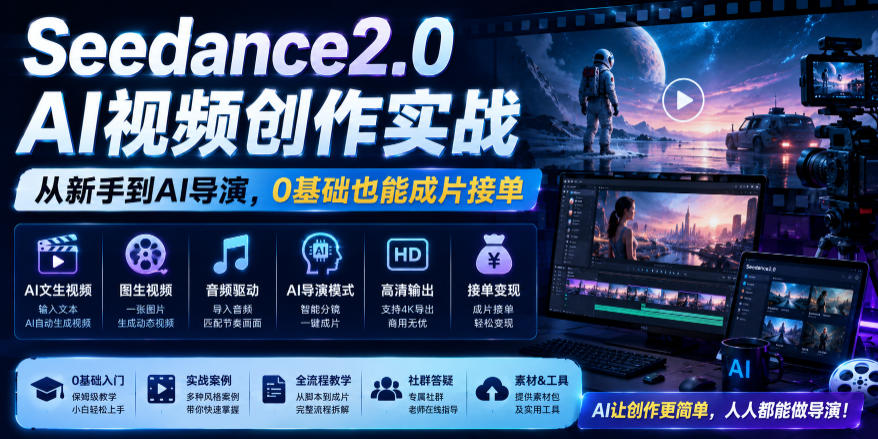 Seedance2.0 AI视频创作实战，从新手到AI导演，0基础也能成片接单变现-钱途社