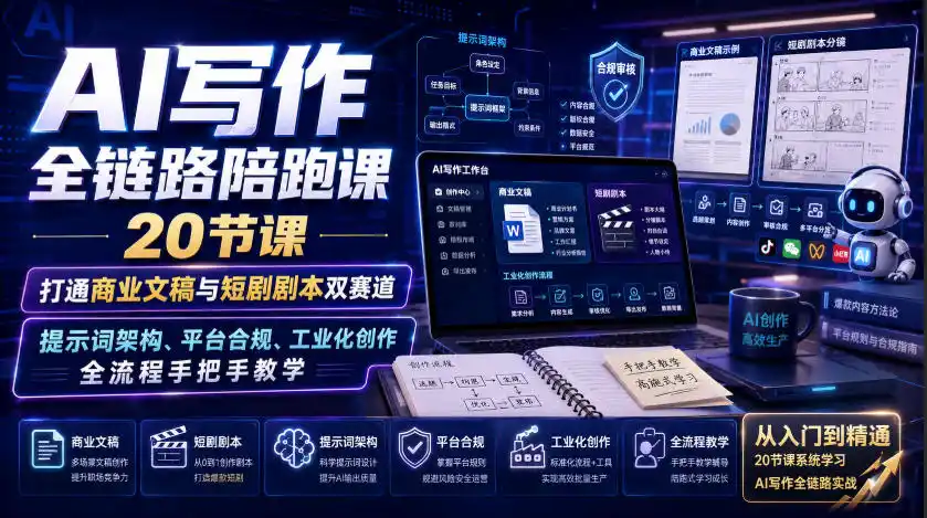 AI写作全链路陪跑课｜20节课打通商业文稿与短剧剧本双赛道，提示词架构、平台合规、工业化创作全流程手把手教学-钱途社