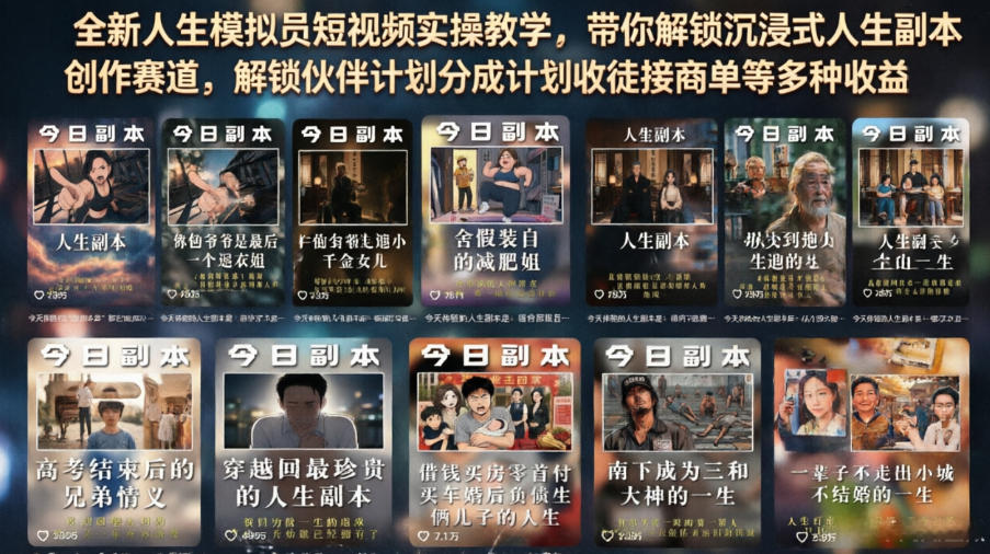 全新人生模拟员短视频实操教学，带你解锁沉浸式人生副本创作赛道，解锁伙伴计划分成计划收徒接商单等多种收益-钱途社