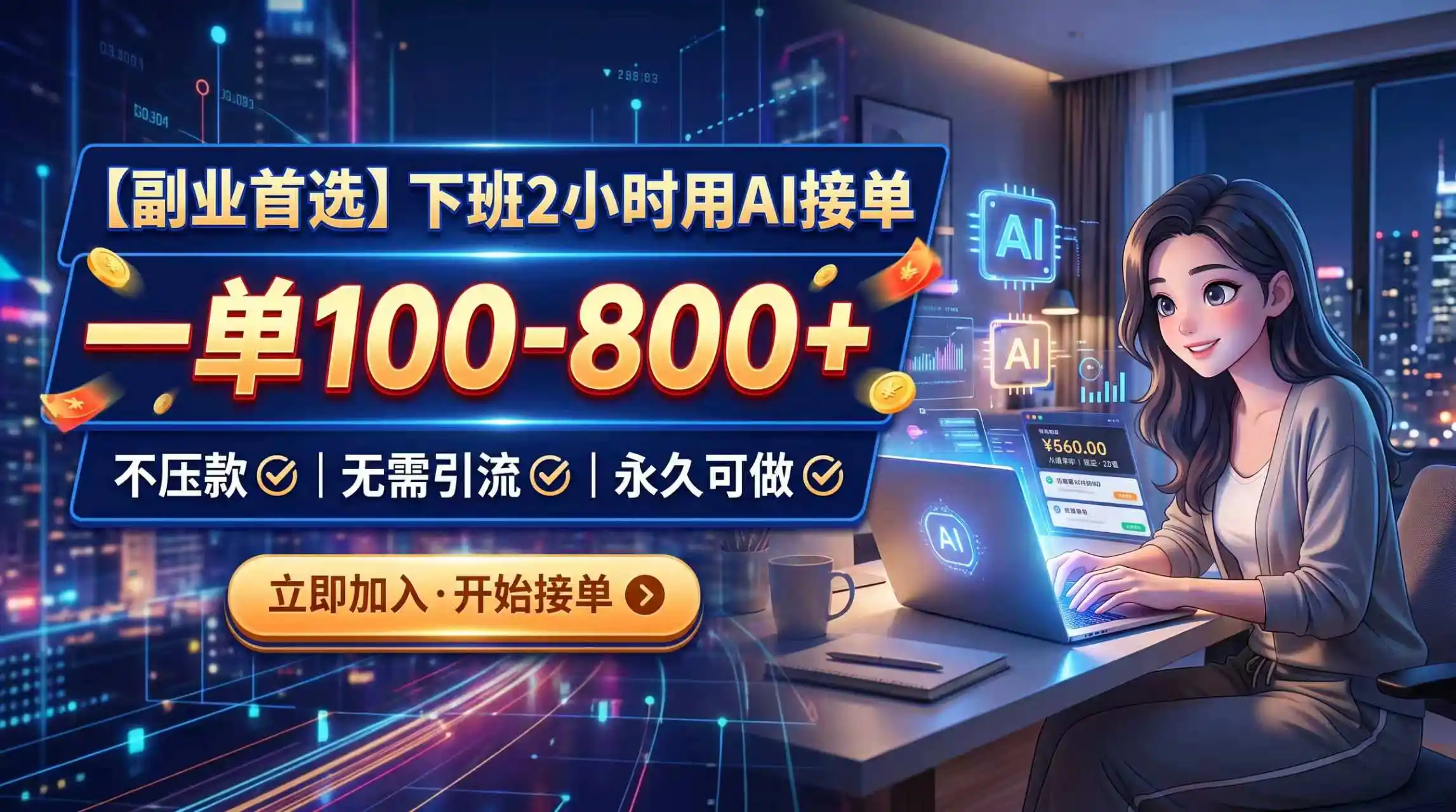 下班2小时用AI接单，一单100-800+，不压款，无需引流，永久可做-钱途社