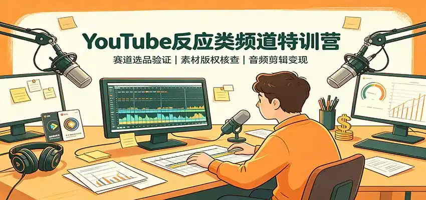 YouTube反应类频道特训营：赛道选品验证，素材版权核查，音频剪辑变现-钱途社