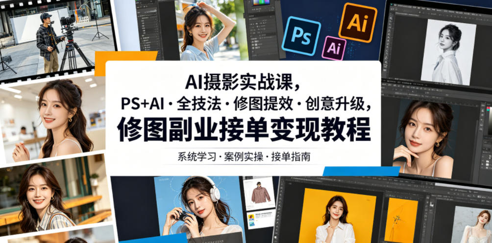 AI摄影实战课，PS+AI・全技法・修图提效・创意升级，修图副业接单变现教程-钱途社