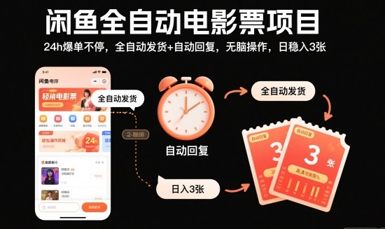 闲鱼全自动电影票项目，24h爆单不停，全自动发货+自动回复，无脑操作，日稳入3张【揭秘】-钱途社