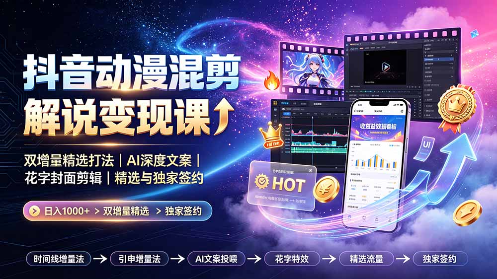 抖音动漫混剪解说变现课：双增量精选打法｜AI深度文案｜花字封面剪辑｜ 精选与独家签约日入1000+-钱途社