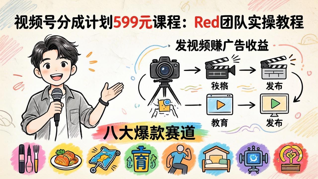 视频号分成计划599元课程：Red团队实操教程，发视频赚广告收益，八大爆款赛道全掌握-钱途社